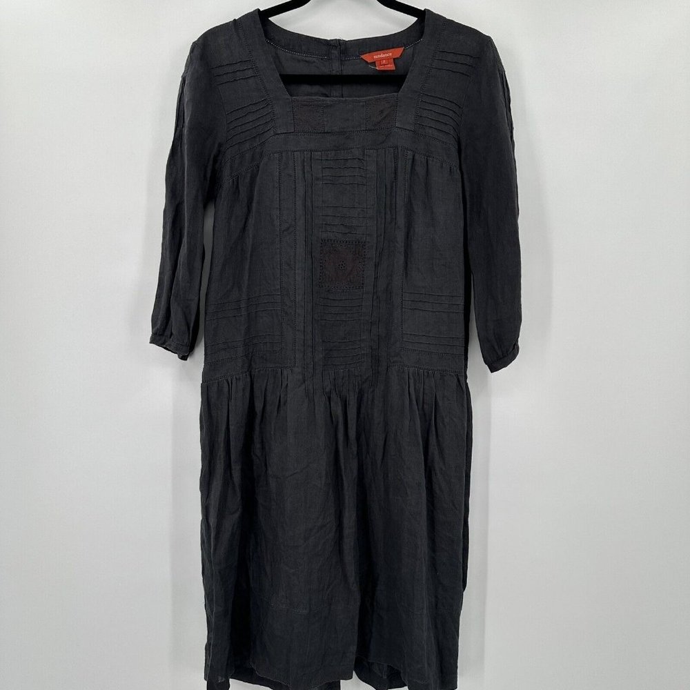 Sundance Black 100% Ramie 3/4 Sleeve Button Back Embroidered Dress Size‎ 2